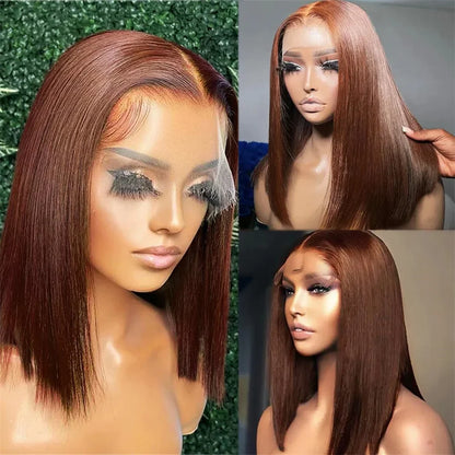 Model wearing the Chocolate Brown 12A Bob Wig, featuring a beautifully styled straight look that exemplifies luxury and sophistication in human hair wigs.