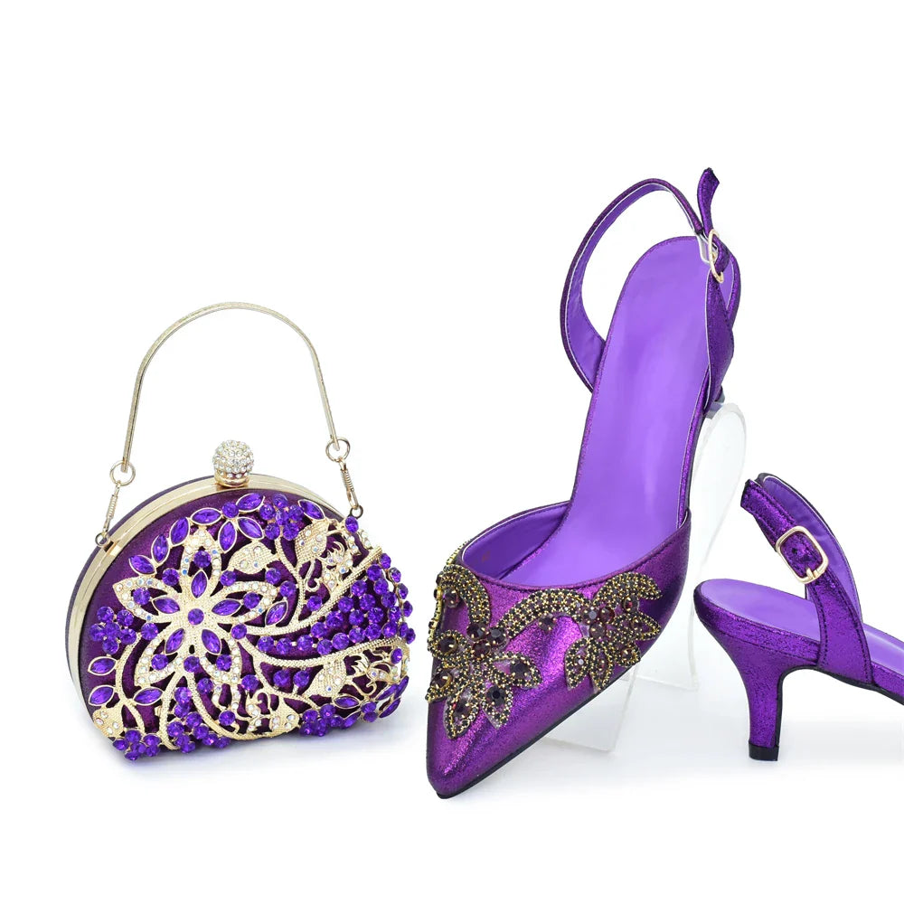 Elegant Italian women's high heel shoes and matching bag set, perfect for parties and weddings, available in sizes 38-43. Featuring slim heels and sophisticated crystal embellishments, crafted from high-quality PU materials for ultimate comfort and style.