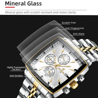 Men's waterproof smart watch with push button hidden clasp, demonstrating a modern rectangular alloy case and stunning design.