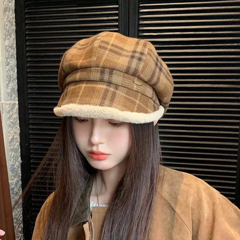 Close-up of the exquisite craftsmanship of the luxury women's vintage plaid octagonal plush hat, showcasing its soft texture and unique design.