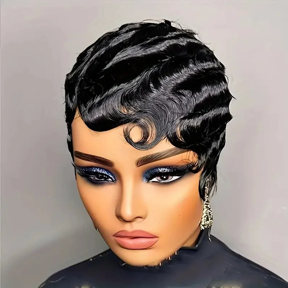 Model wearing a luxury brown short pixie wave wig, demonstrating an effortlessly chic look with curly Remy hair.