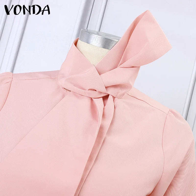 Chic long sleeve plus size blouse by VONDA, showcasing a bow knot decoration that enhances its luxurious appeal.