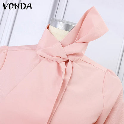 Chic long sleeve plus size blouse by VONDA, showcasing a bow knot decoration that enhances its luxurious appeal.