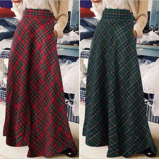 Luxurious A-Line High Waist Plaid Maxi Skirt for Women, showcasing floor-length elegance perfect for casual autumn and winter wear.