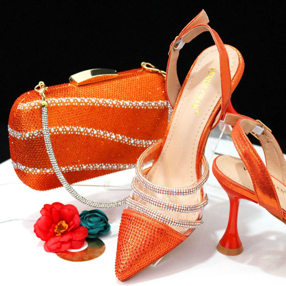 Stylish overhead view of Venus Chan black heels and bag set, enhancing your luxury fashion statement for evening events.