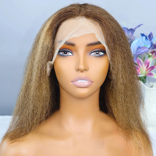 Elegant Swiss Lace Kinky Straight 13x4 Lace Frontal Wig, featuring a stylish short bob with beautiful brown and blonde highlights.