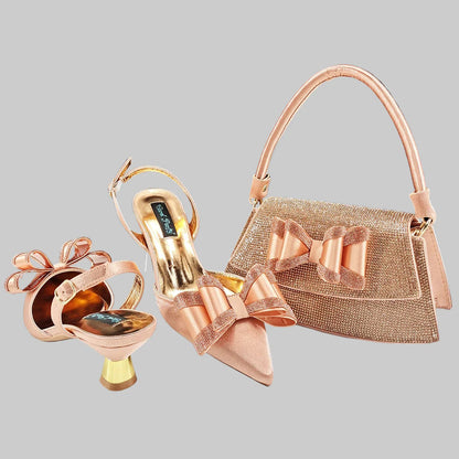 Elegant women's rhinestone butterfly pointed toe shoes and matching bag set, ideal for weddings and parties, available in sizes 38-43, luxurious coffee colour and high heel design.