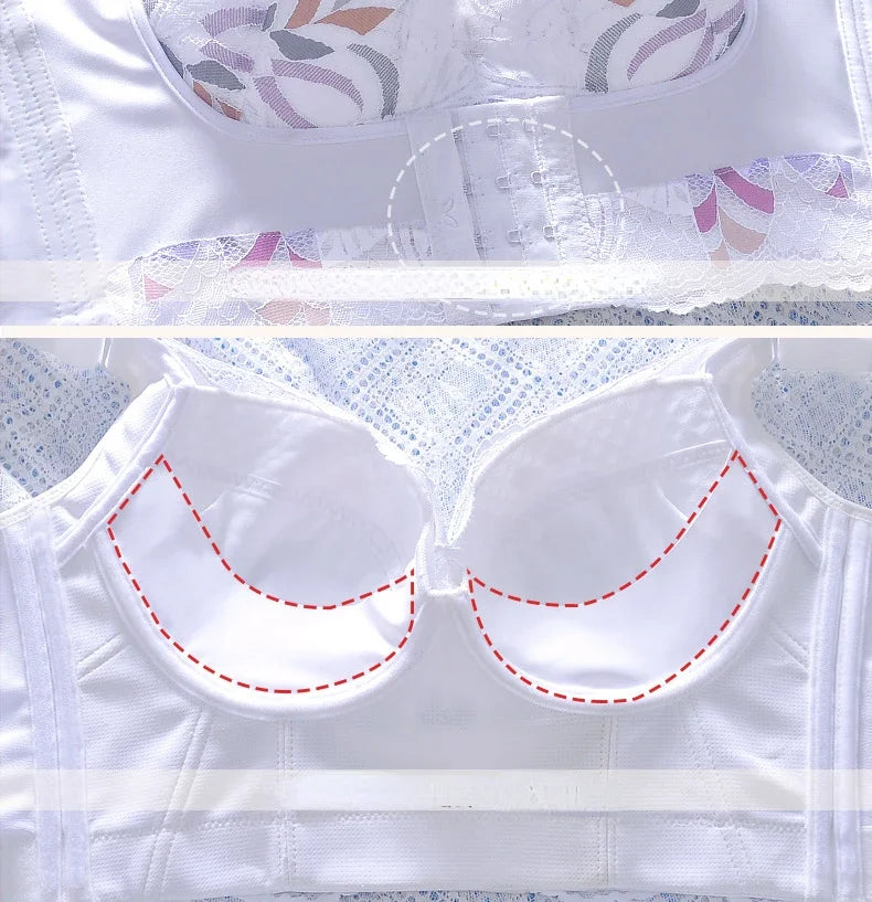 Stylish back view of a floral lace wireless bra designed for women, showcasing delicate details and a refined silhouette.