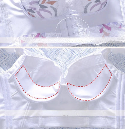 Stylish back view of a floral lace wireless bra designed for women, showcasing delicate details and a refined silhouette.