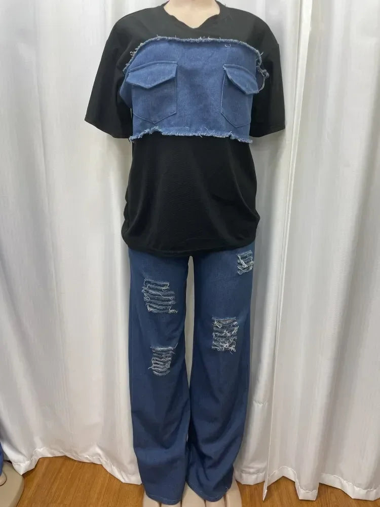 Sophisticated women’s two-piece outfit including short sleeve top and denim jeans, highlighting African-inspired elegance.