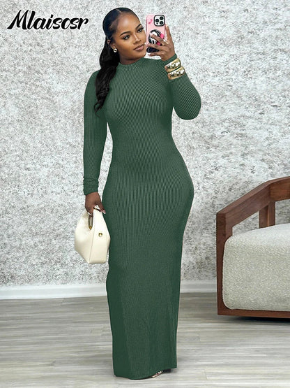 Elegant Mlaiscsr Women's Long Sleeve Knit Ribbed Bodycon Dress with Side Split, perfect for parties, designed for a luxurious look, featuring a slim fit, O-neck neckline, and medium stretch polyester fabric. Ideal for autumn and winter events.