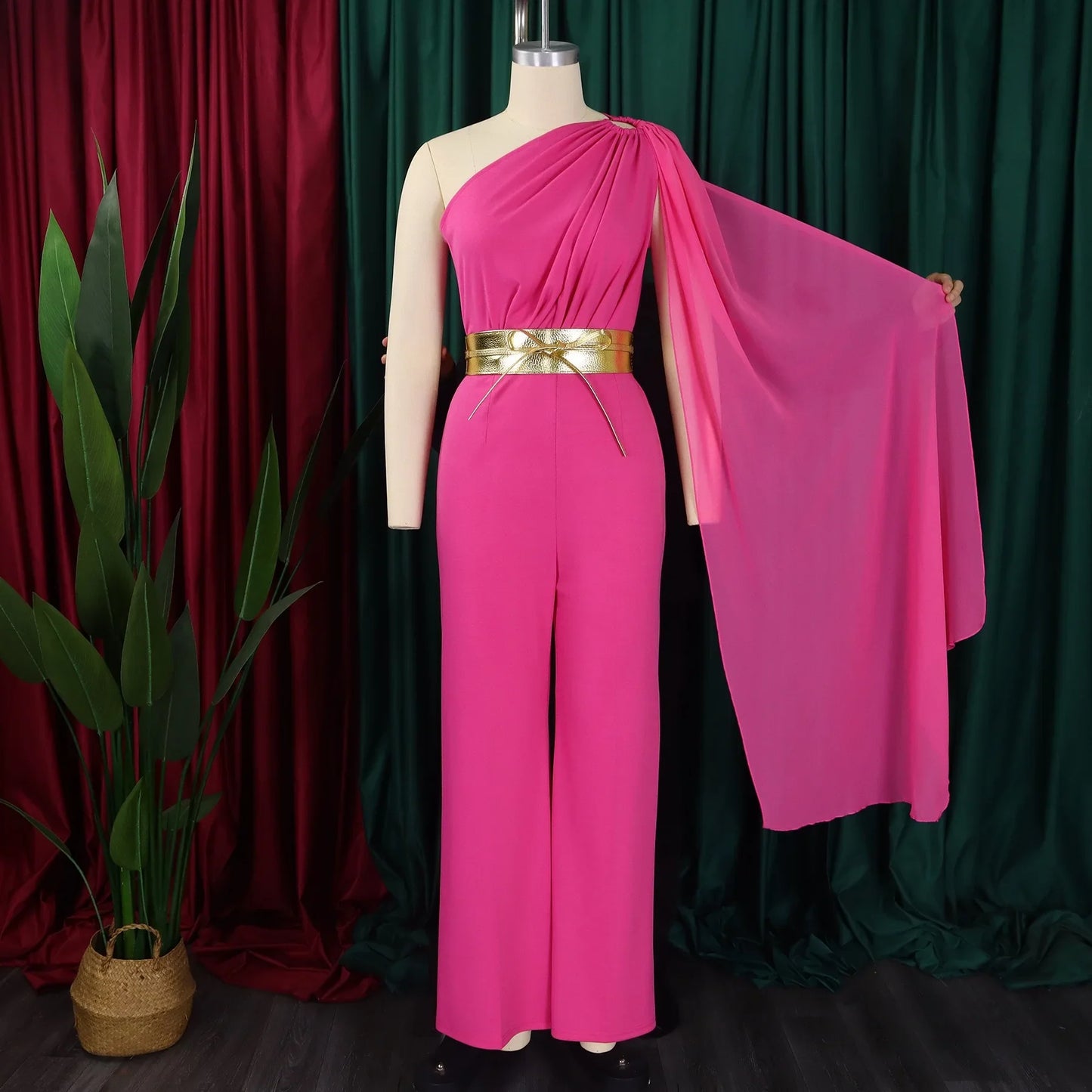 Chic high waisted jumpsuit for women featuring exquisite flying sleeves, designed for a luxurious look in versatile solid colours.