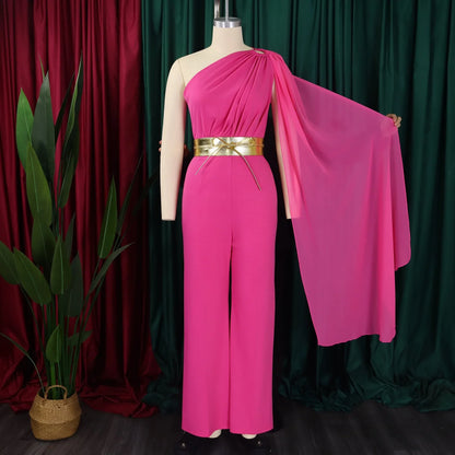 Chic high waisted jumpsuit for women featuring exquisite flying sleeves, designed for a luxurious look in versatile solid colours.