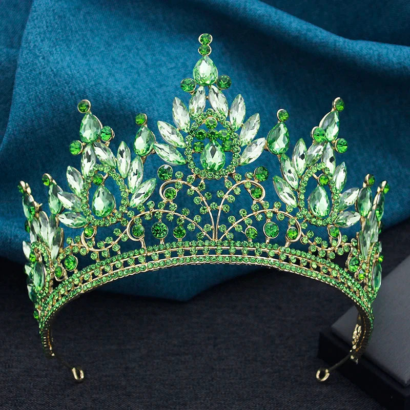 Beautifully designed vintage lime green crystal wedding crown tiara, ideal hair jewelry for brides at weddings and prom.