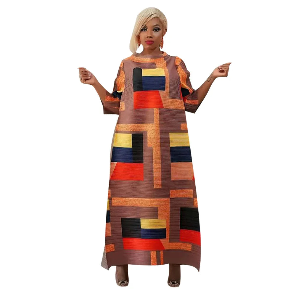 Beautiful African Plus Size O-Neck Pleated Dress with 3/4 Sleeve, displayed in rich purple hue, perfect for elegant occasions.