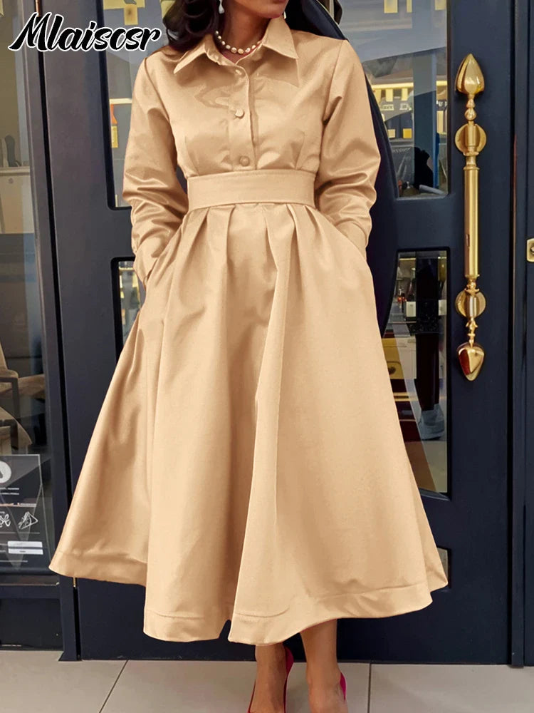 Mlaiscsr elegant khaki midi dress for women, featuring a luxurious A-line silhouette and full-length sleeves, perfect for office wear with sophisticated pleating and practical pockets.