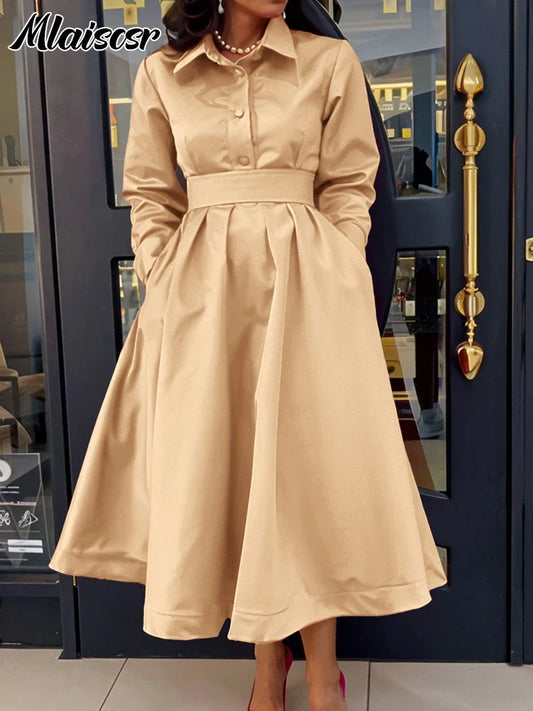Mlaiscsr elegant khaki midi dress for women, featuring a luxurious A-line silhouette and full-length sleeves, perfect for office wear with sophisticated pleating and practical pockets.