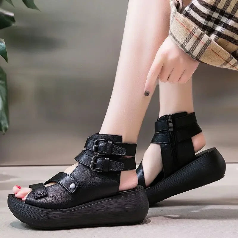 Elegant Women's Retro Leather Gladiator Sandals featuring a stylish wedge heel and platform design, perfect for casual outings and summer fashion.