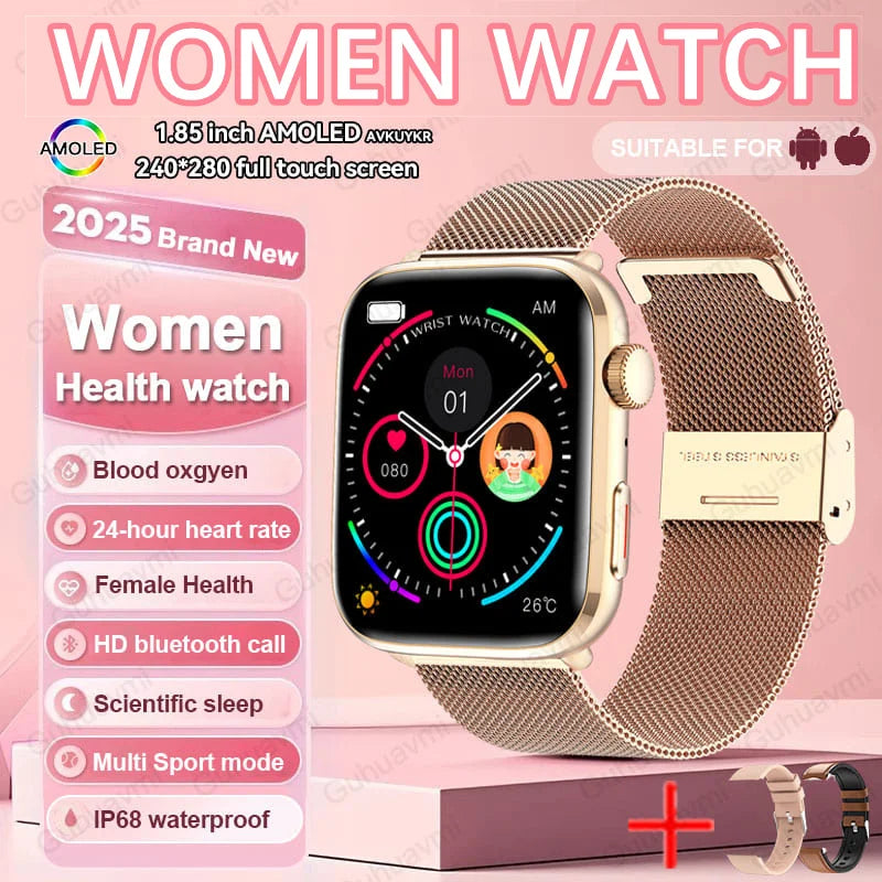 Chic Women's Smart Watch showcasing an advanced AMOLED touch display, equipped with extensive fitness tracking and NFC technology.