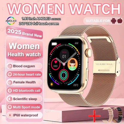 Chic Women's Smart Watch showcasing an advanced AMOLED touch display, equipped with extensive fitness tracking and NFC technology.