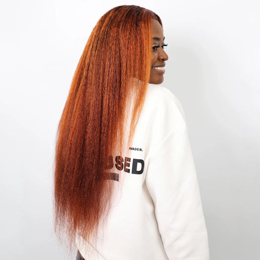 Luxury 4/350 highlight kinky straight 13x6 lace frontal human hair wig in vibrant ombre orange ginger, ideal for striking hairstyles.