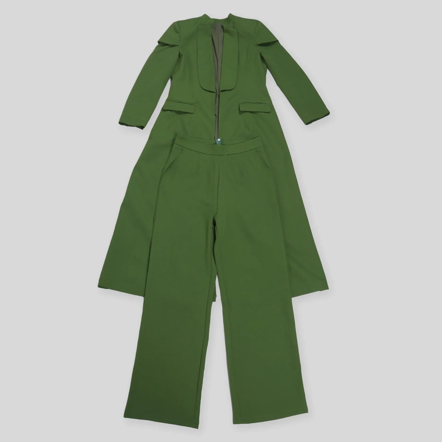 Chic women's wide leg pants paired with an X-long blazer coat, perfect for middle-aged office ladies seeking sophisticated styling.