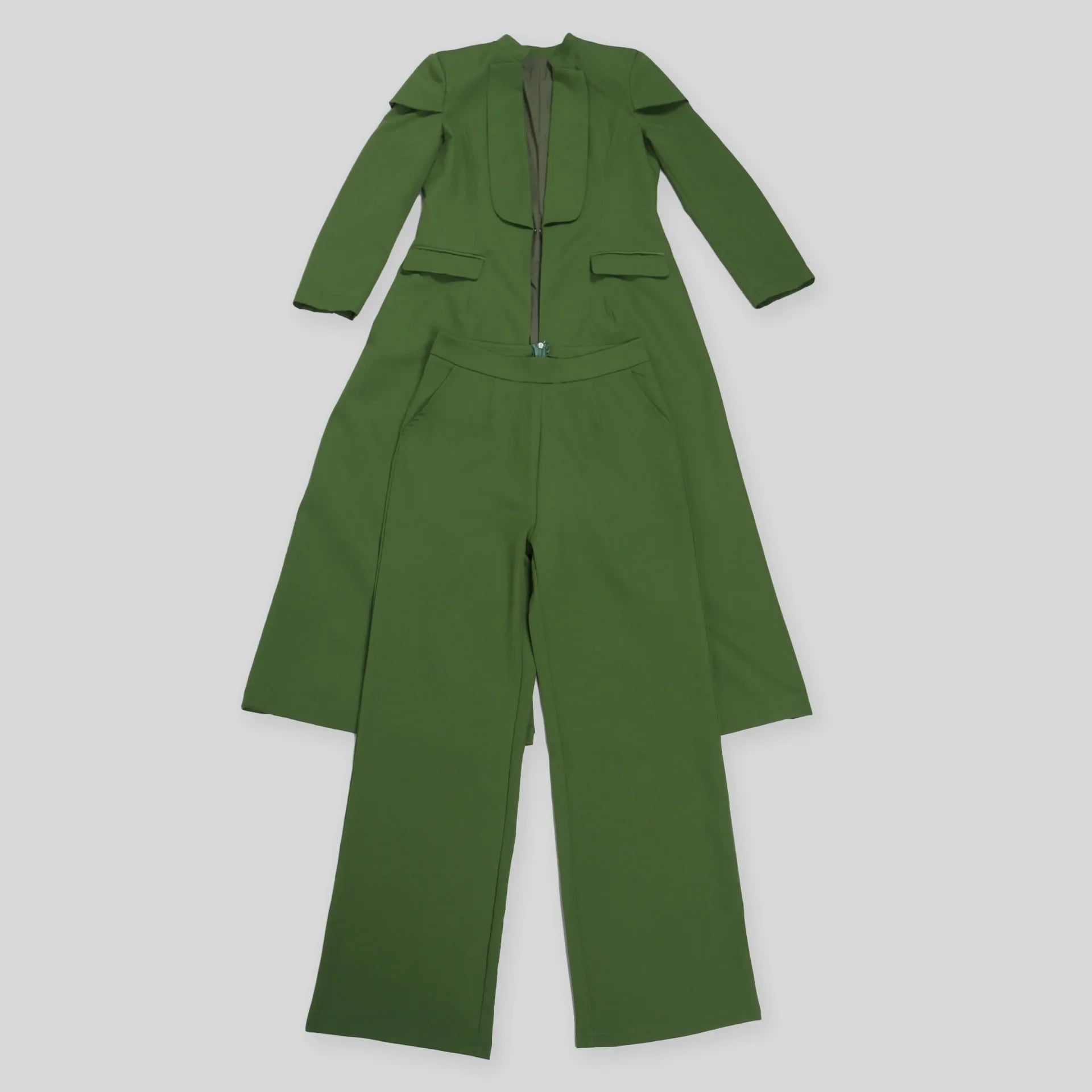 Chic women's wide leg pants paired with an X-long blazer coat, perfect for middle-aged office ladies seeking sophisticated styling.