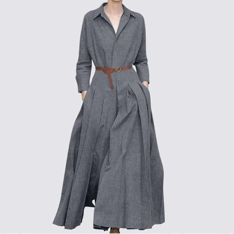 Elegant Maxi Shirt Dress for Women, V-Neck A-Line design with pockets, perfect for casual office wear in sizes S-5XL.