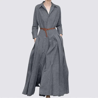 Elegant Maxi Shirt Dress for Women, V-Neck A-Line design with pockets, perfect for casual office wear in sizes S-5XL.