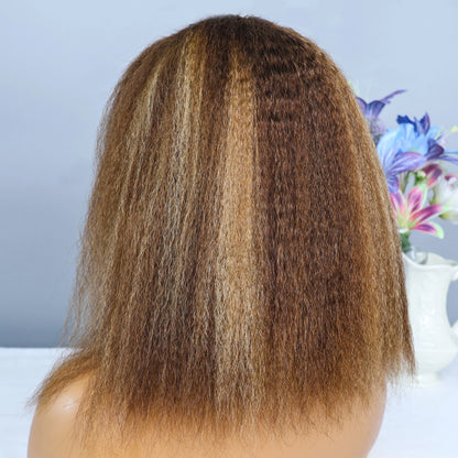 Chic and sophisticated human hair wig with transparent lace, showcasing a kinky straight bob style with beautiful highlights.