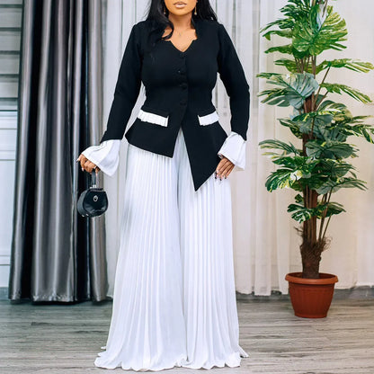 Stylish overhead view of the CM.YAYA Women’s Plus Size Wide Leg Pants, crafted for sophistication and comfort, suitable for formal or casual occasions.