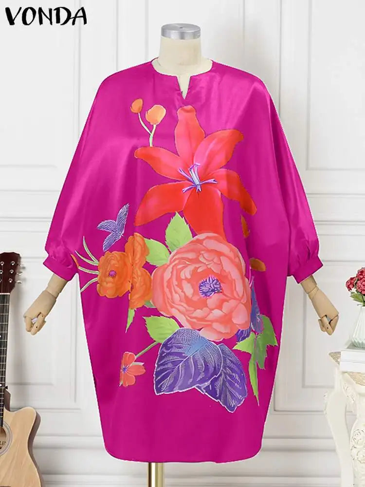 Chic Rose Red VONDA Women’s Bohemian Floral Midi Dress designed for plus sizes with elegant batwing sleeves, ideal for upscale gatherings and formal events.