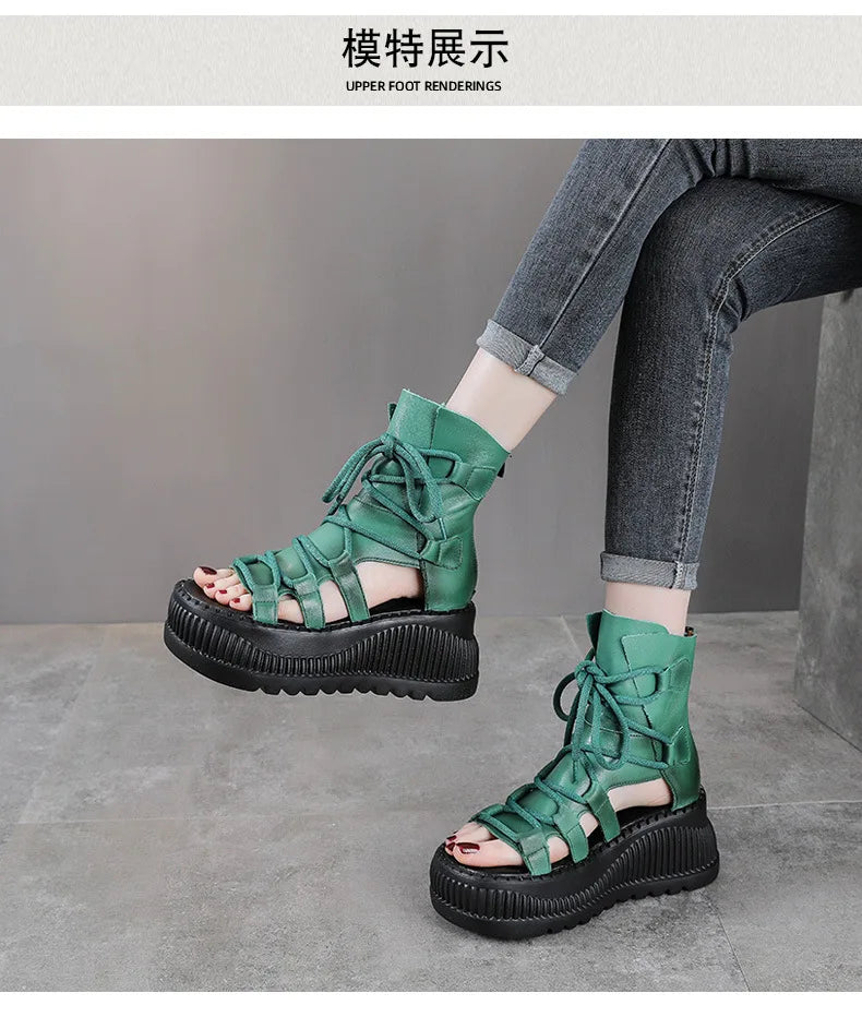 Full view of Koznoy women's wedge ankle booties in ethnic design, highlighting genuine cow leather and super high 8cm heel for luxury summer wear.