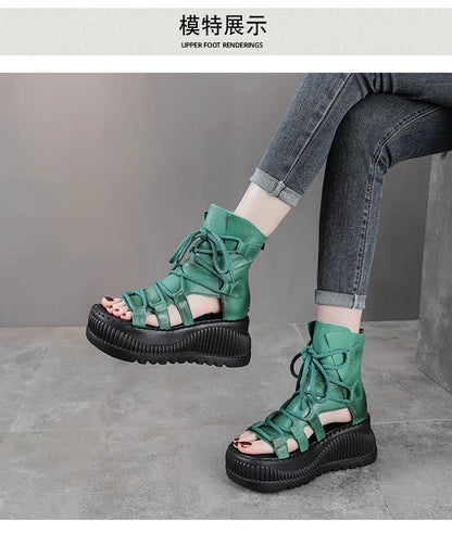 Full view of Koznoy women's wedge ankle booties in ethnic design, highlighting genuine cow leather and super high 8cm heel for luxury summer wear.
