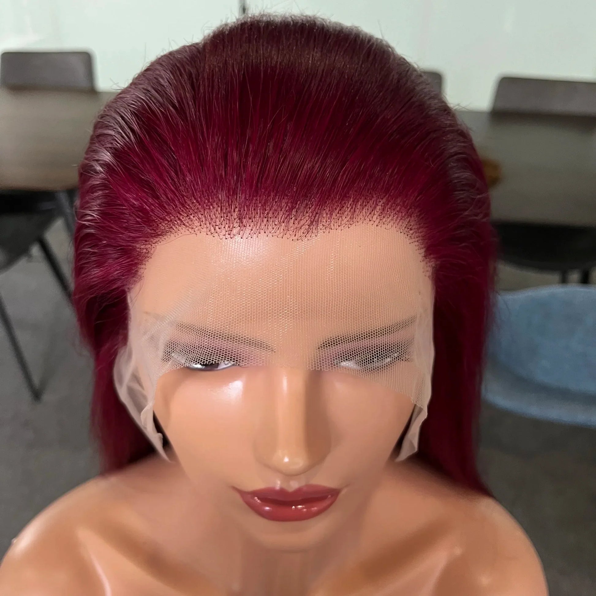 Side profile of the 200 Density Straight Remy Human Hair Wig in Burgundy 99J, highlighting its elegant flow and lush texture, ideal for a sophisticated look.