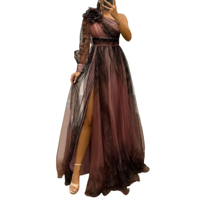 Close-up view of the exquisite detailing on the Women's A-Line Evening Dress featuring a stylish slit and intricate floral patterns in refined chiffon.