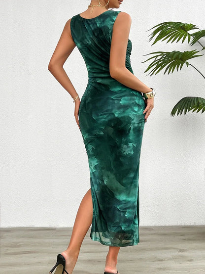 Luxurious ankle-length women's dress made of lightweight polyester, beautifully printed and designed for a flattering slim fit, ideal for middle-aged style.