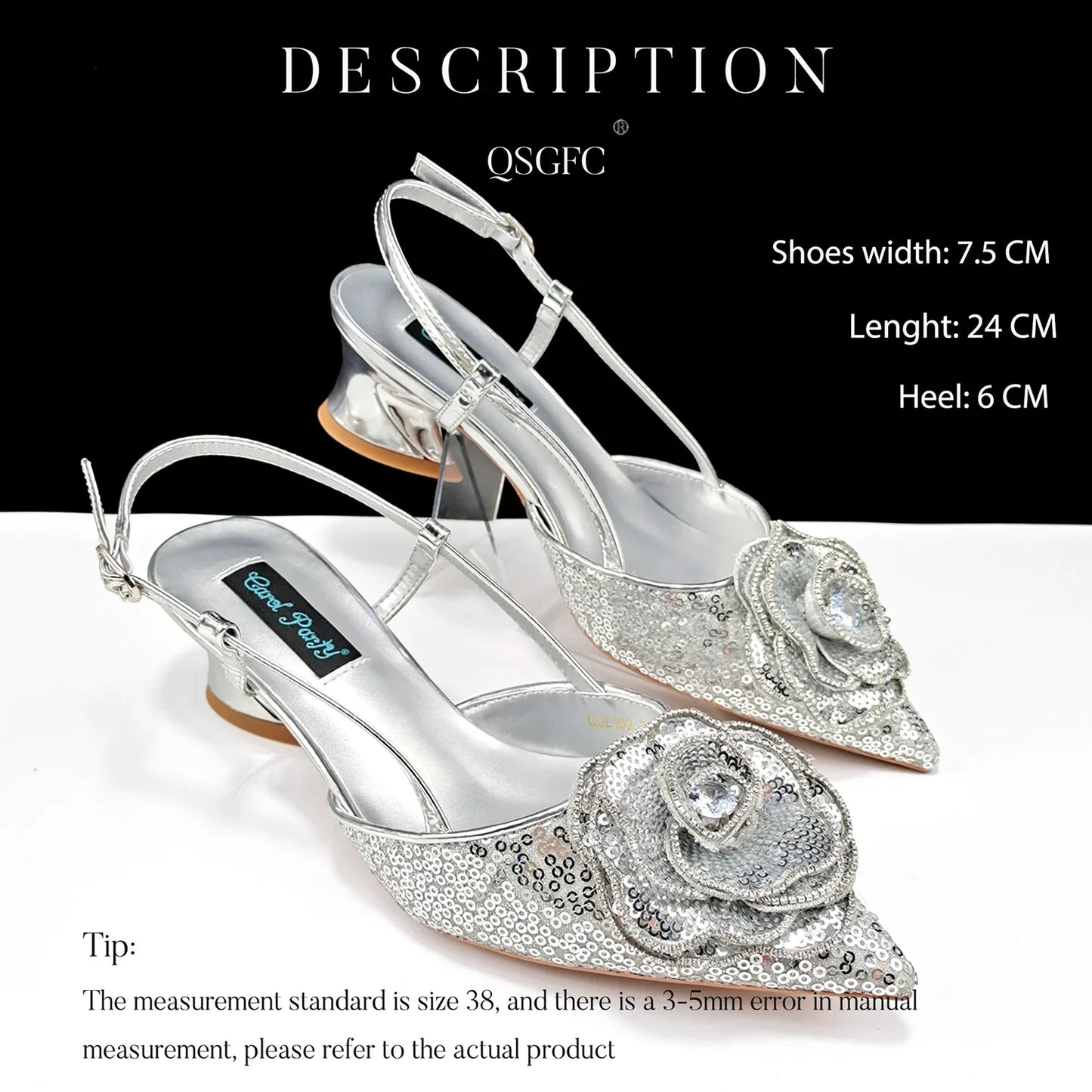 Elegant heels of QSGFC gold wedding shoes with high heel height of 6cm, ideal for sophisticated bridal fashion.