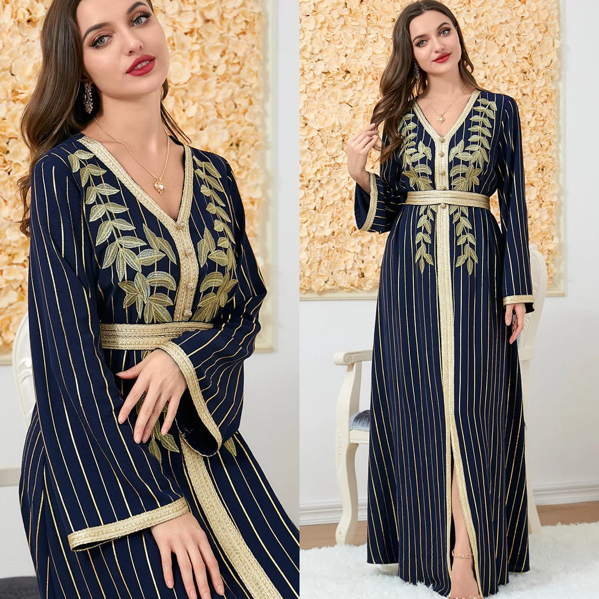 Full view of the elegant Dubai dress, showcasing the beautiful Bat Sleeve design, ideal for sophisticated Muslim women during festive occasions.