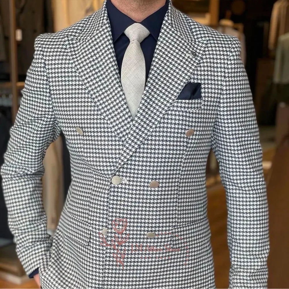 Men's White Vintage Houndstooth Jacket featuring a peak lapel design, double-breasted closure, and elegant styling ideal for weddings and formal parties.