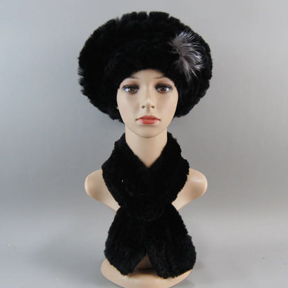 Chic and warm winter accessories, featuring a women's faux fur hat and scarf in a beautiful knit design.