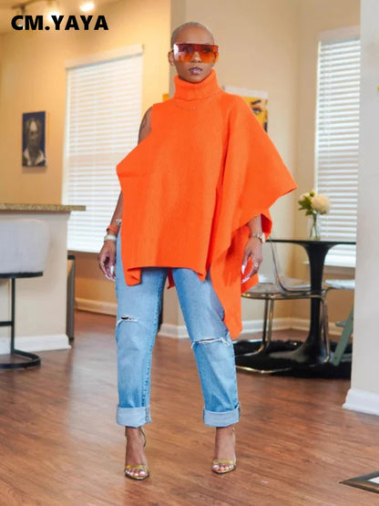Luxury CM.YAYA Women's Winter Pullover Sweater featuring asymmetrical turtleneck and elegant long sleeves for a chic streetwear look.