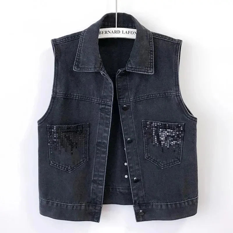 Sophisticated women’s sequin denim vest jacket, designed for a trendy summer-autumn look, featuring a turn-down collar