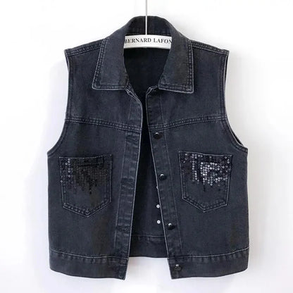 Sophisticated women’s sequin denim vest jacket, designed for a trendy summer-autumn look, featuring a turn-down collar