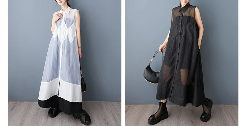 Model elegantly wearing the NYFS Plus Size Organya Splicing Dress, capturing a luxurious casual summer look with an A-line silhouette.