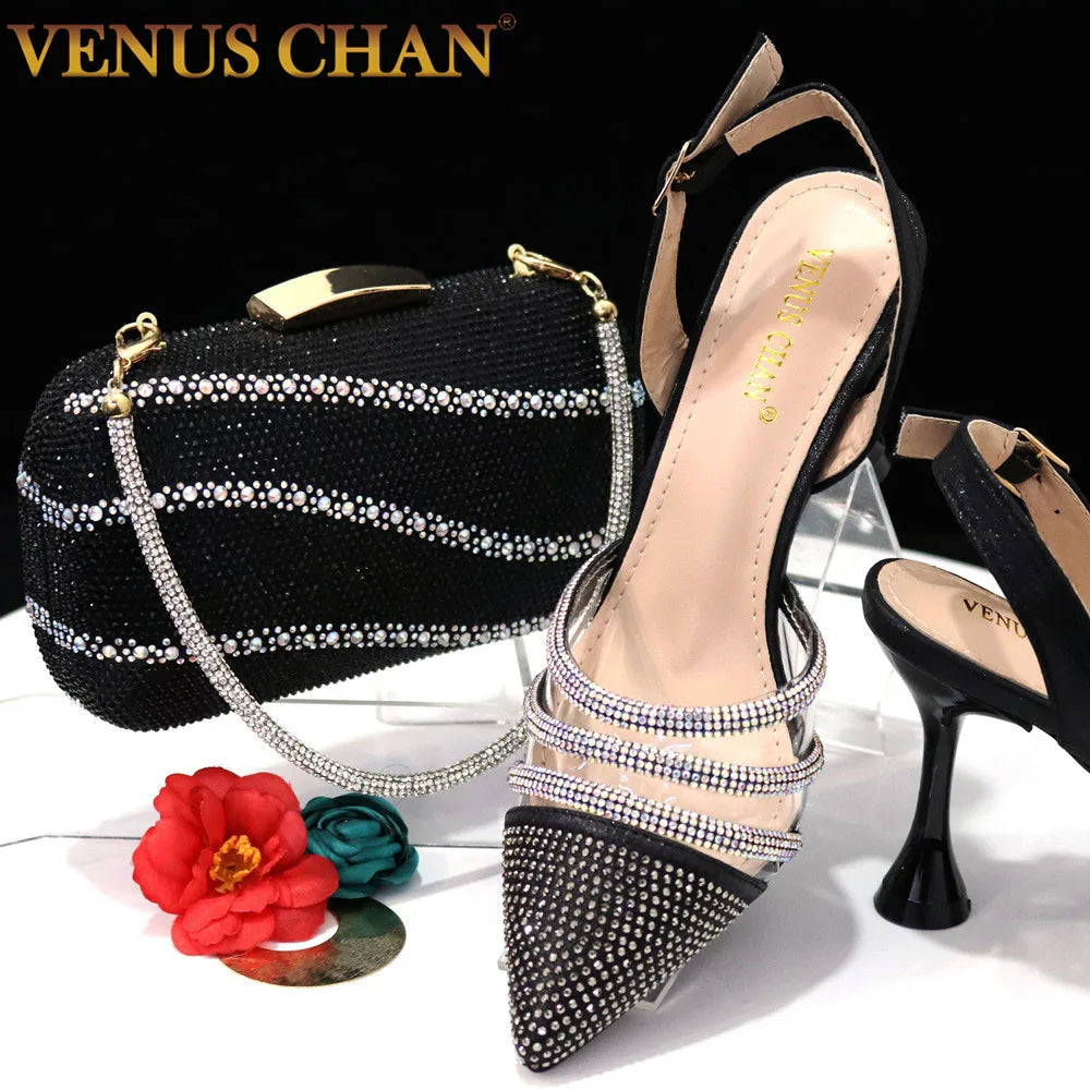 Elegant women's pointed toe black heels by Venus Chan, embellished with a sparkling rhinestone chain, perfect for parties; accompanied by a chic matching bag set for sizes 37-42.