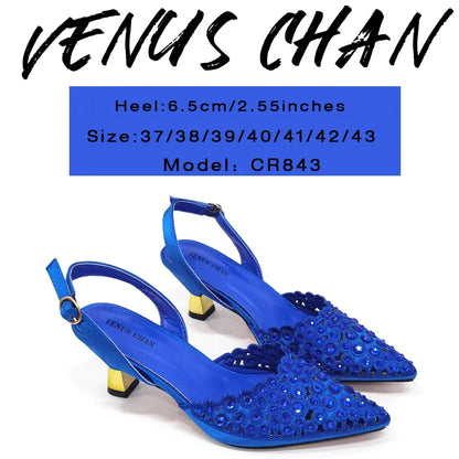 Elegant Venus Chan luxury gold high heel shoes adorned with rhinestones for women, perfect for parties and special occasions.