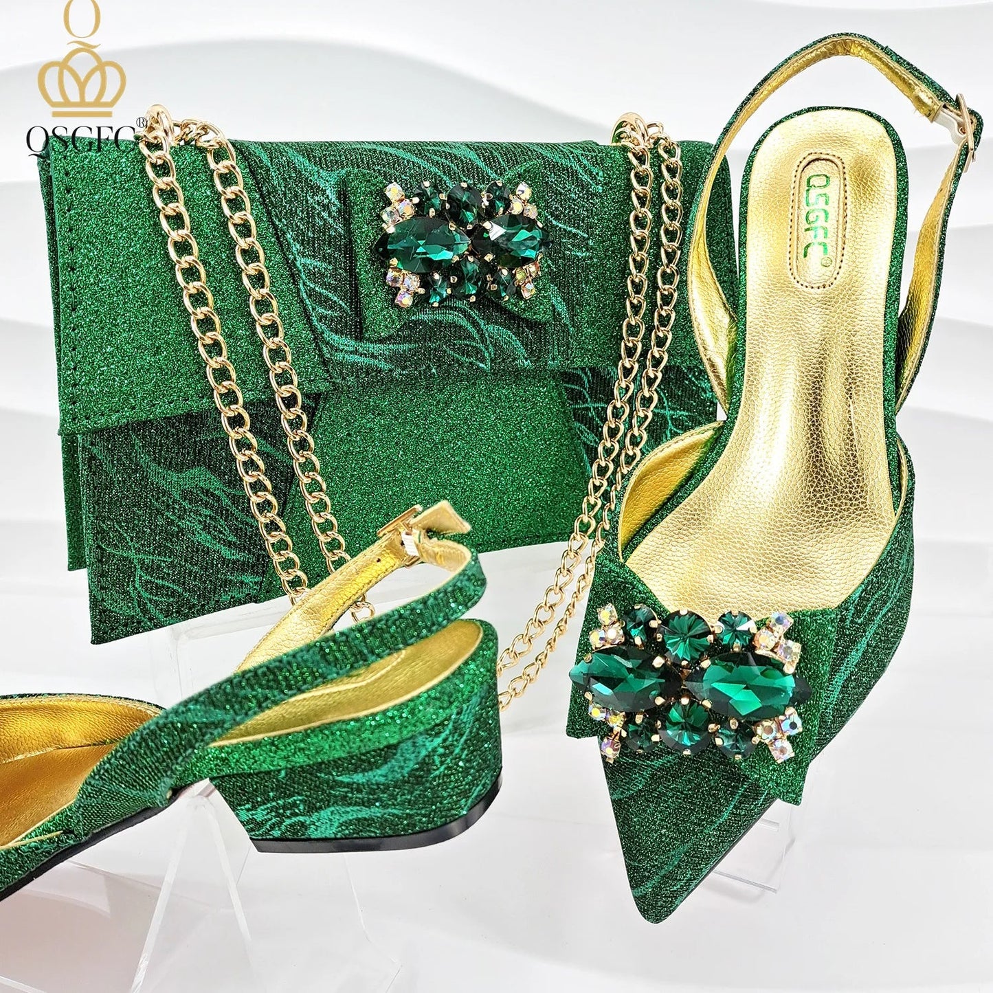 Exquisite capacity bag set for women, matching with elegant ankle strap evening shoes, elaborately crafted for a sophisticated look in vibrant rainbow hues.
