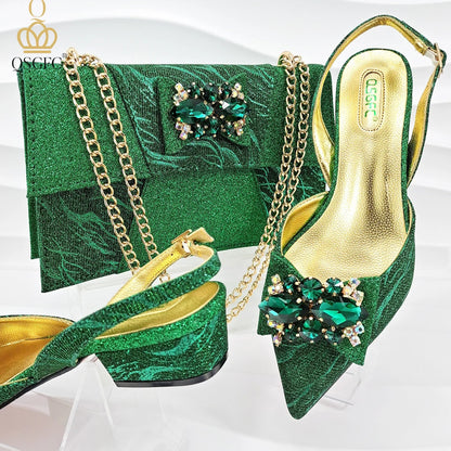 Exquisite capacity bag set for women, matching with elegant ankle strap evening shoes, elaborately crafted for a sophisticated look in vibrant rainbow hues.