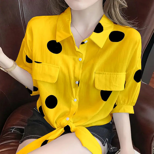 Elegant women's polka dot blouse with a chic bandage bow, showcasing a loose fit and casual design, perfect for summer office wear.